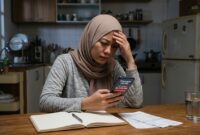 Ilustrasi Ekspresi cemas seorang wanita saat melihat tagihan pinjaman online di ponselnya. PUI mendesak pengawasan ketat pinjol.(poto: AI).