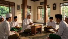 Ilustrasi: Kiai mengajar kitab fikih klasik tentang istibra dan menjaga nasab kepada para santri di pesantren tradisional.(poto: AI).