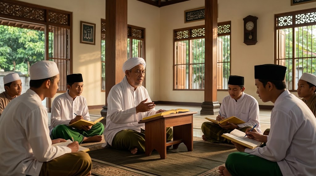 Ilustrasi: Kiai mengajar kitab fikih klasik tentang istibra dan menjaga nasab kepada para santri di pesantren tradisional.(poto: AI).